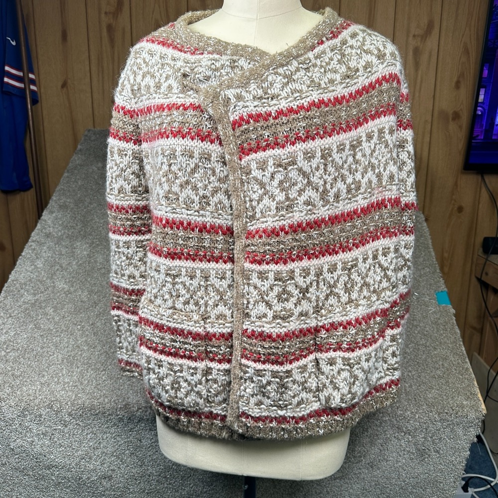 J Jill Wool Alpaca Blend Fair Isle Cardigan Sweater Small Brown Oversized